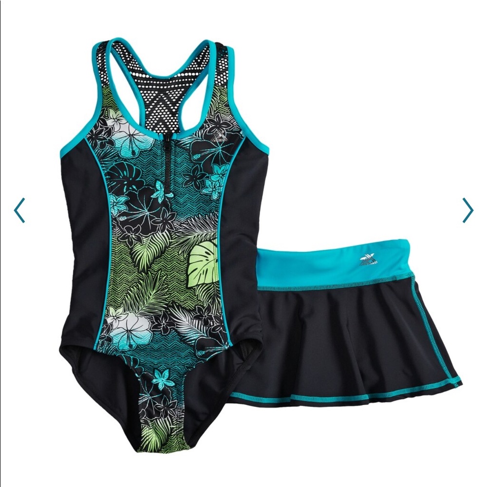 Girls black and blue swimsuit and skirt 10